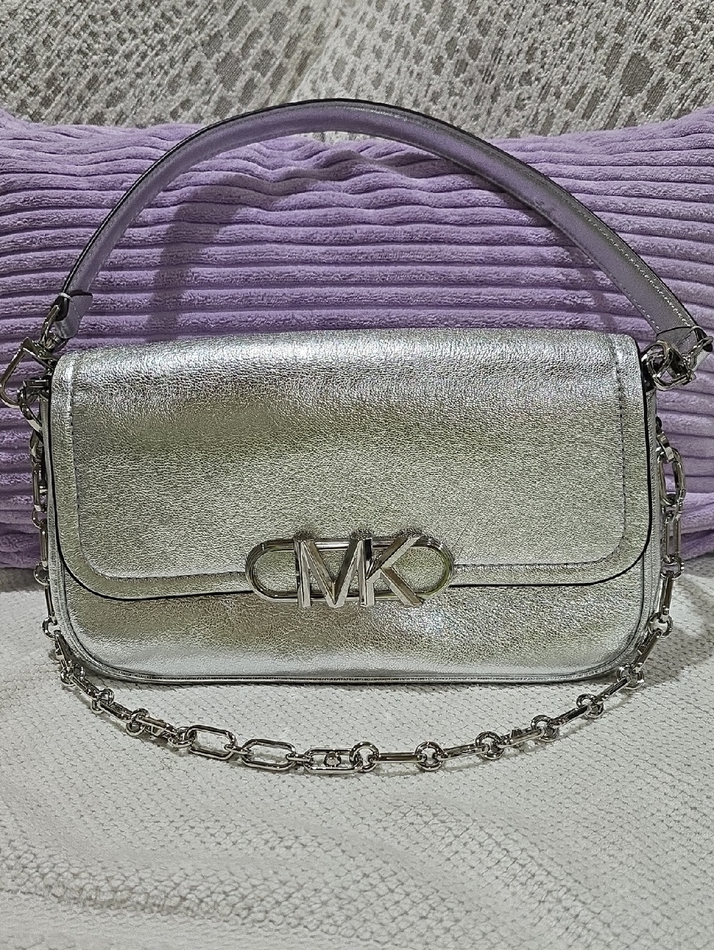 NWOT-Michael Kors Silver Metallic MK Logo Shoulder Bag